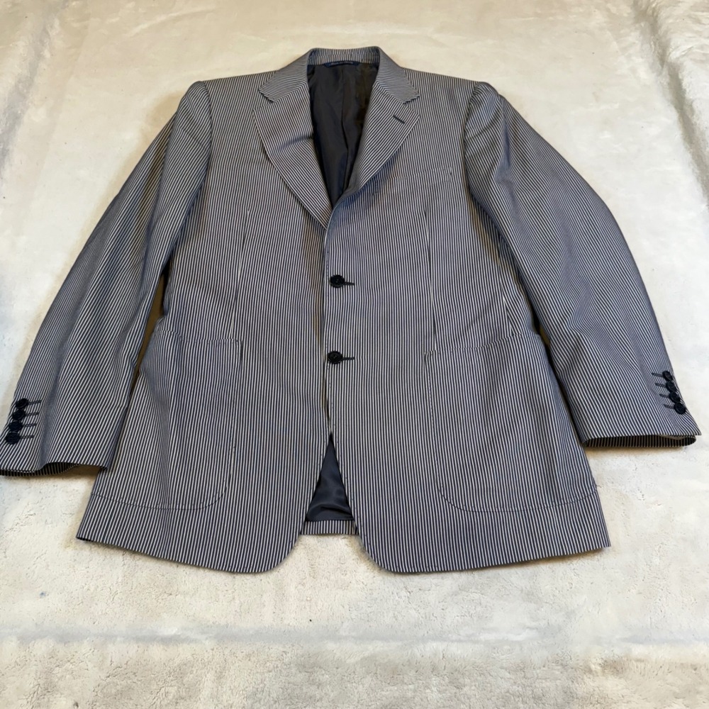 Canali Mens Silk Cotton Striped Blazer Sport‎ Coat Blue White US 38 R Italy